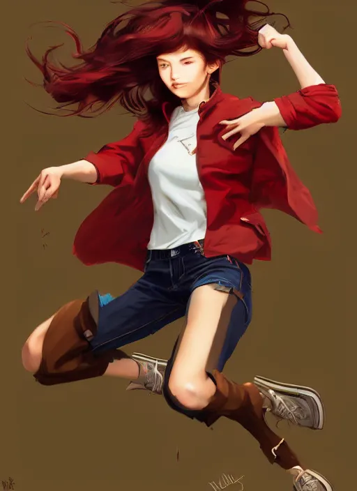 Prompt: full-body shot of an attractive tomboy girl mid jump with long, crimson red hair and red eyes, wearing a brown, open jacket and green jeans with a stern look, midriff, concept art, character design, by WLOP, by Ross Draws, by Tomine, by Satoshi Kon, by Rolf Armstrong