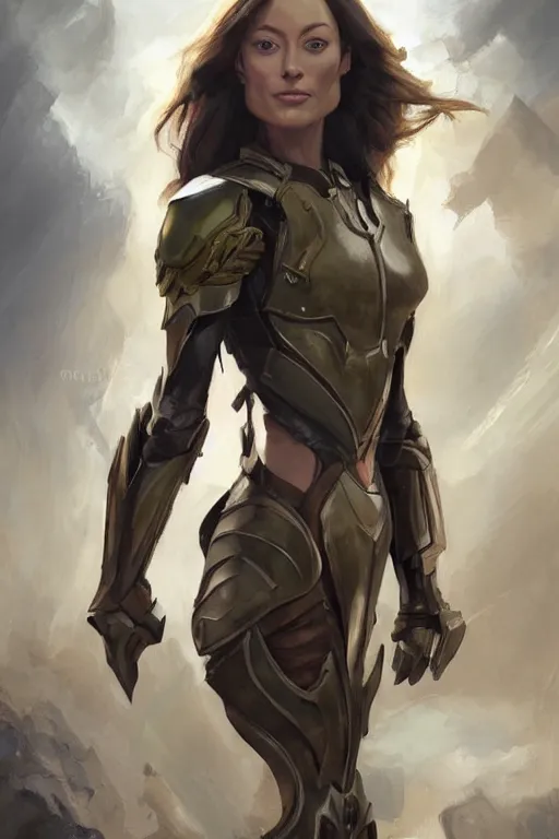 Image similar to a professional painting of a young Olivia Wilde, clothes in military armor, olive skin, long dark hair, beautiful bone structure, symmetrical facial features, intricate, elegant, digital painting, concept art, smooth, sharp focus, illustration, from StarCraft by Ruan Jia and Mandy Jurgens and Artgerm and William-Adolphe Bouguerea