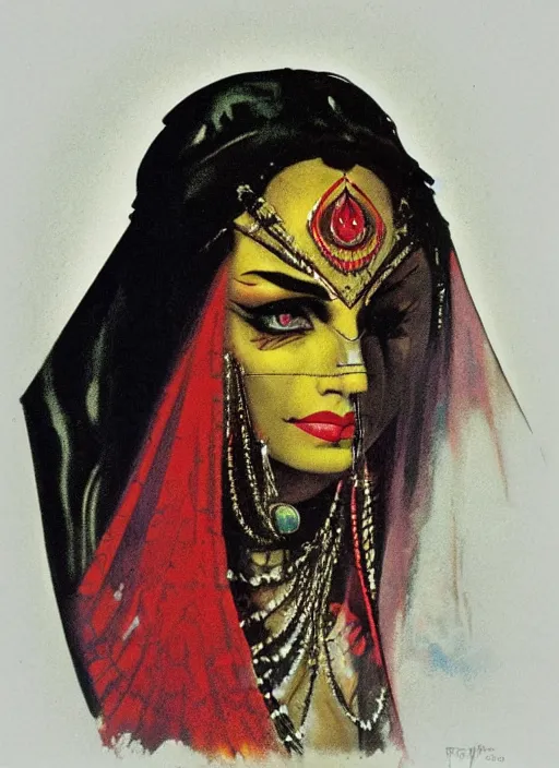 Image similar to portrait of muscular indian vampiress, jeweled veil, strong line, saturated color, beautiful! coherent! by frank frazetta, high contrast, minimalism