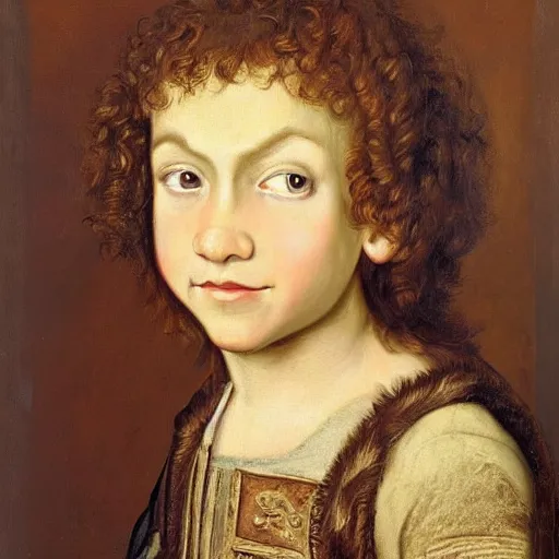 Prompt: caucasian boy age 11, with a curly mullet and brown eyes, renaissance portrait, vinatge painting royal painting