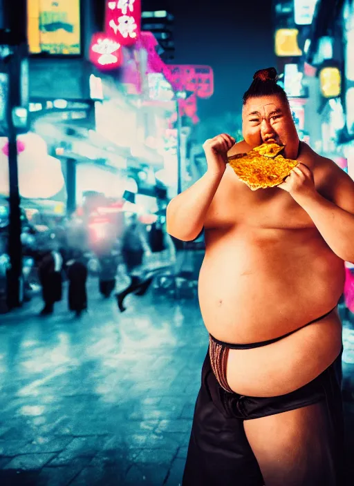 Image similar to sumo wrestler eating crispy tacos, holding hot sauce, portrait, photo realism, bokeh background, neon lights, city background, high definition, slr