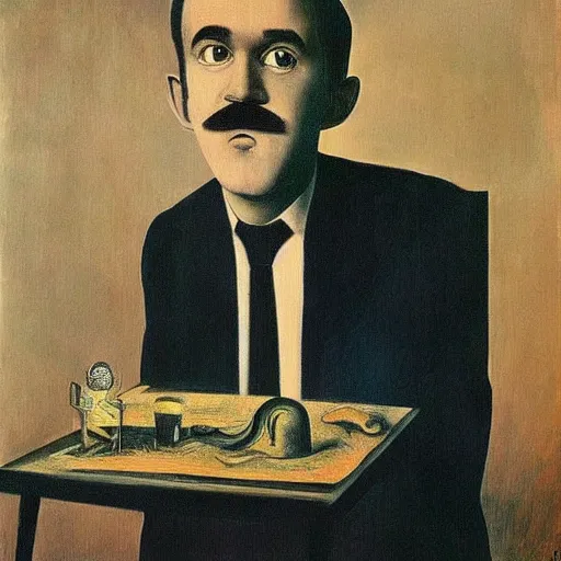 Prompt: surrealist painting of Bo Burnham with a beard sit in a almost dark room alone by Magritte, Dali, Andre Breton and Max Ernst