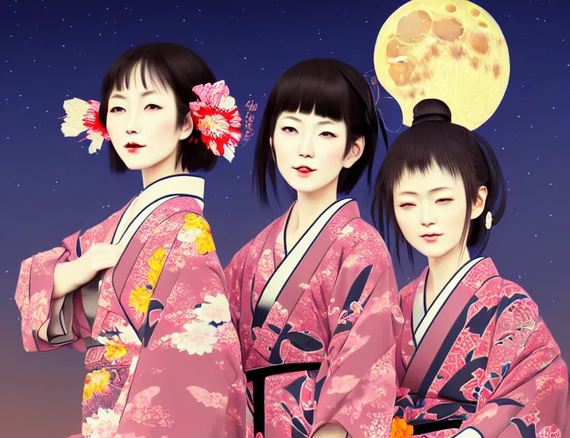 Image similar to two beautiful charming japan girls wear arty kimono in festival | | sunny night, full moon, dreamlike art, realistic shaded, smile, good looking, hyper details, 4 k realistic, cryengine, realistic shaded lighting poster by ilya kuvshinov, fuji choko, ross tran, 8 k resolution, trending on artstation, luxury