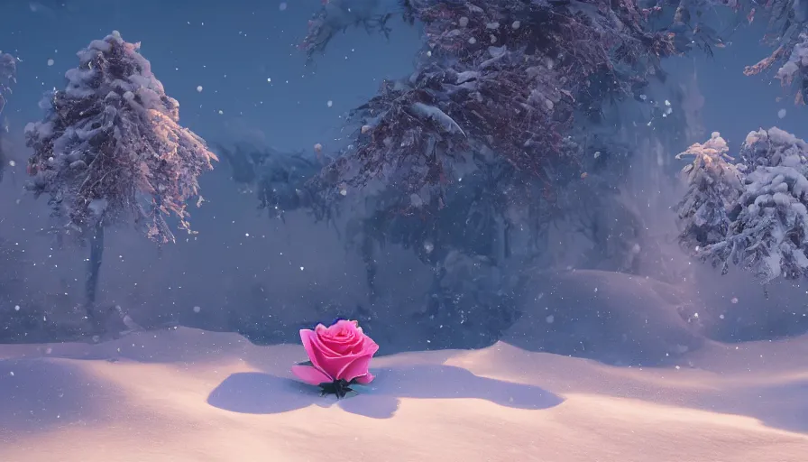 Prompt: rose in the snow, bright sunlight, volumetric light, hyperdetailed, artstation, cgsociety, 8 k