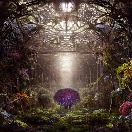 Image similar to biocomputer organs inside a bioneural antique lace in a biomechanical forest with biocomputer flowers, epic environment, matte painting, diffused lighting, highly detailed cinematic, epic atmosphere, diffused lighting, highly detailed digital art, trending on artstation, depth of field, wide angle