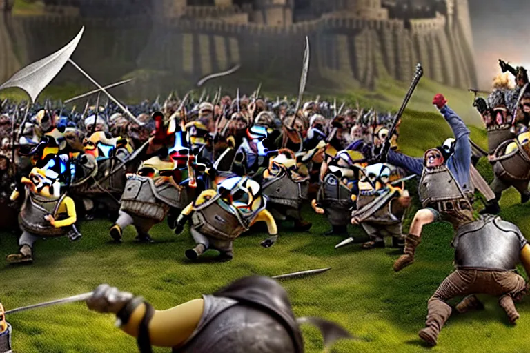 Image similar to diorama of minions fighting orcs in the battle of helm's deep, giant castle walls, realistic, 4 k, detailed