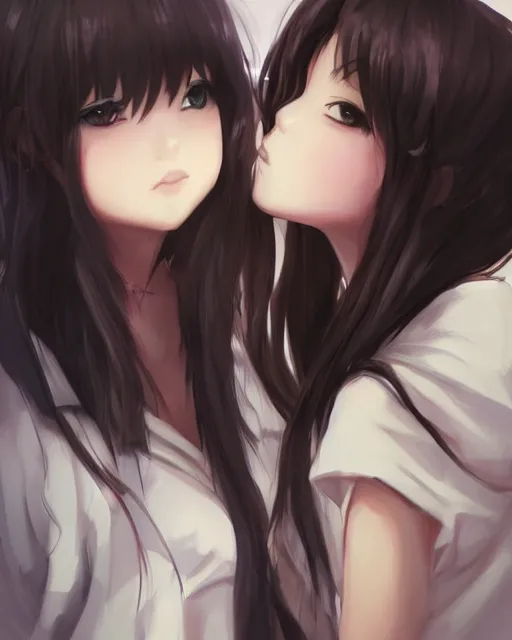 Image similar to portrait of two girls kissing, anime, drawn by WLOP, trending on Artstation