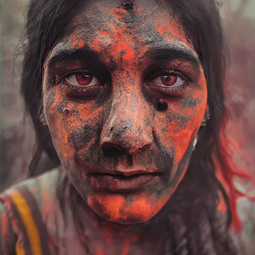 Prompt: realistic exposed expired fuji film portrait of aghori india woman covered in ash, tentacled creature mix, marigold celestial vibe, hyperrealism, hypermaxiymalism, photorealistic, detailed, atmospheric, 8 k, award winning photography, cinematic