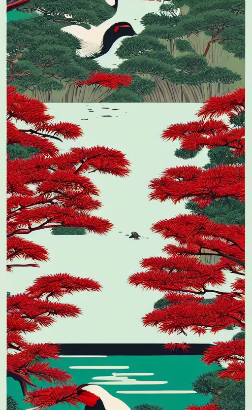 Image similar to hanafuda, grus japonensis looking around at a lake in the middle of japanese pines, front game card, vector line art, trending on artstation, concept art, stunning, matte