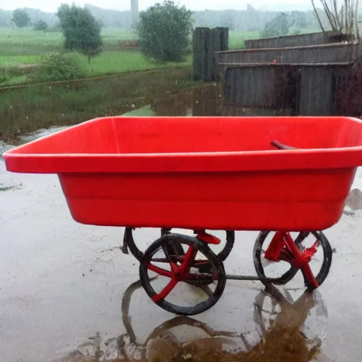 Image similar to so much depends upon a red wheel barrow glazed with rain water beside the white chickens