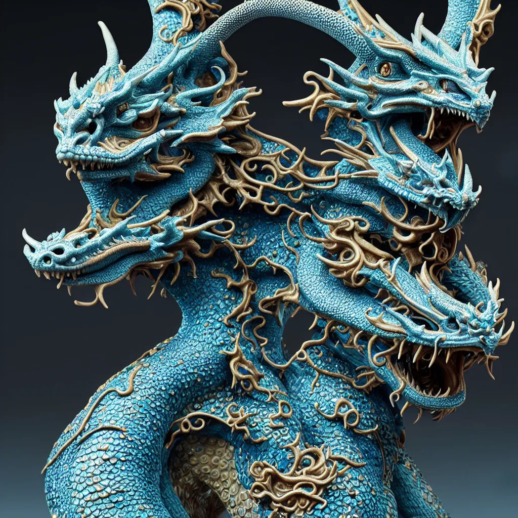 Prompt: a closeup photo - real delicate ceramic porcelain sculpture of an ornate detailed dragon in front of a intricate background by hieronymus bosch, micro detail, backlit lighting, subsurface scattering, translucent, thin porcelain, octane renderer, black and neon blue, physically based rendering, japanese pottery, trending on cgsociety