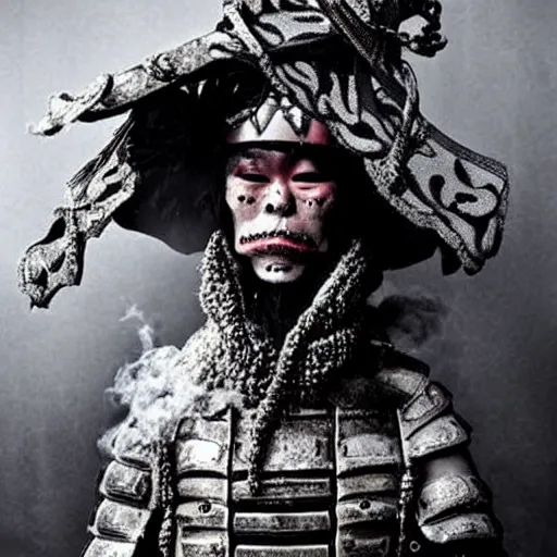 Prompt: a samurai warrior made of smoke, mystical magical :: by tim burton