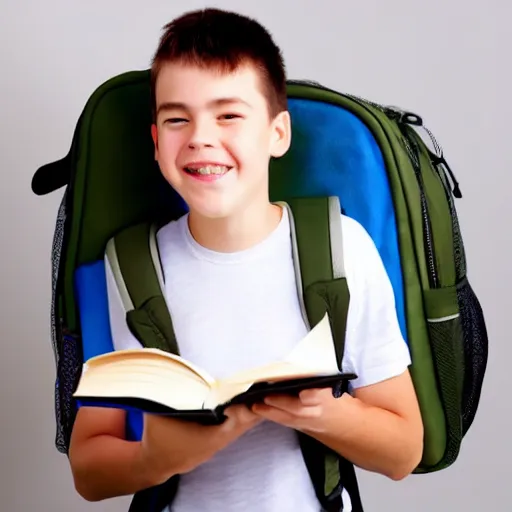 Image similar to happy student boy with holding his notebook with his backpack on