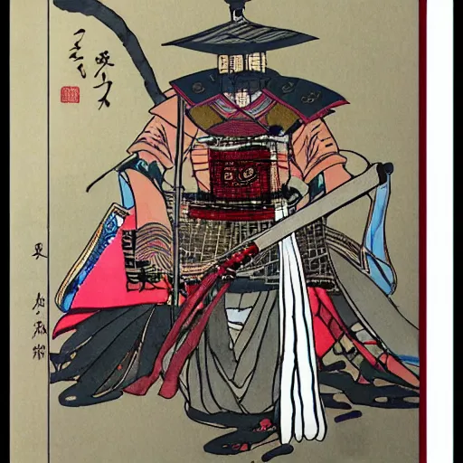 Prompt: Japanese samurai standing dramatically, ink and colors on silk, trending on Pixiv, zoomed out, Monochrome, watercolor