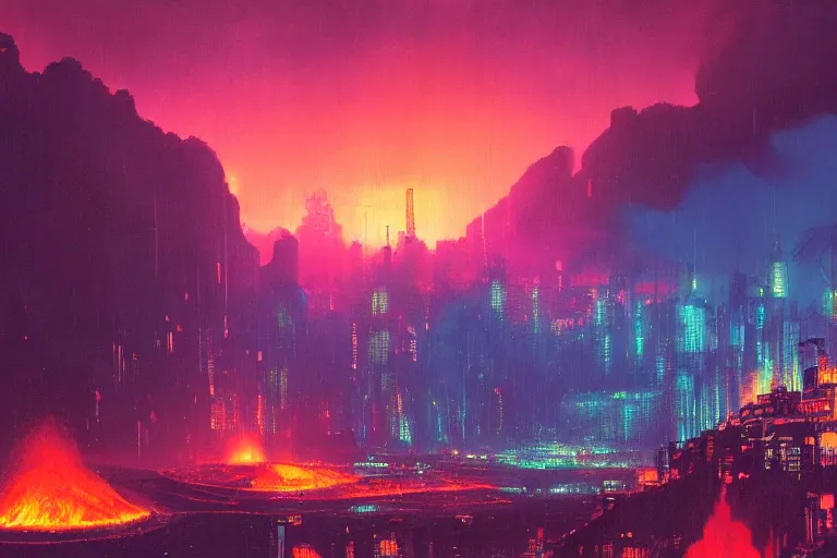 Prompt: a cyberpunk city in the crater of a volcano, lava flowing, smoke, fire, neon, industrial, by paul lehr