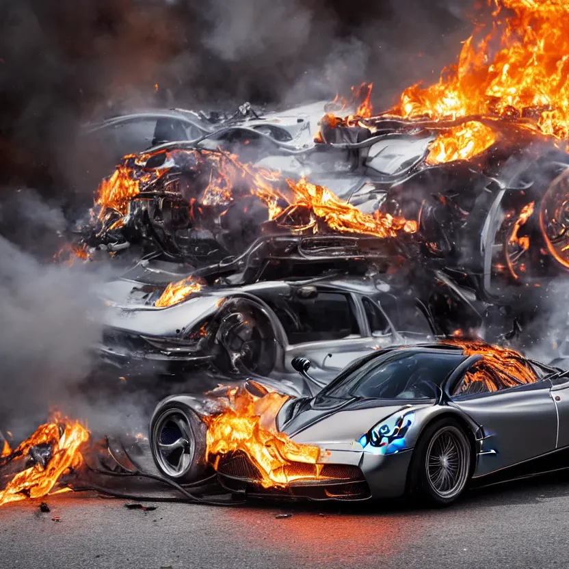 Image similar to close - up of a chrome pagani huayra on fire after a big crash, 8 k, highly detailed, realistic