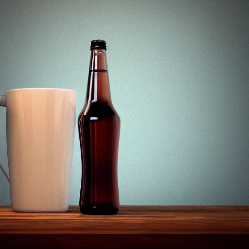 Prompt: a photorealistic photograph of a cider bottle standing next to a glass mug, trending on artstation