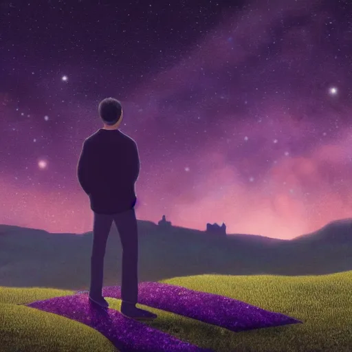 Prompt: idealized detailed image of a content man thinking to himself while in a dream-like environment, looking over a landscape of bright, rolling hills, a quaint little village in the background and starlit skies, the sky has purple/light orange undertones