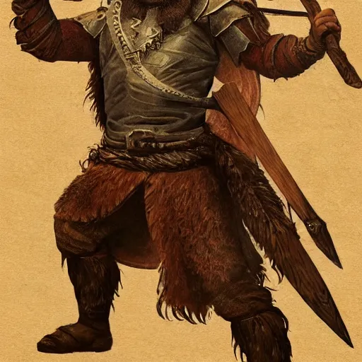 Image similar to renaissance full body portrait of a gruff ranger with a spear, lean and toned, handsome face, hairy chest and hairy body, D&D, intricate, elegant, highly detailed, digital painting, artstation, concept art, matte, sharp focus, chiaroscuro, well list, sharp detail, illustration, art by Da Vinci, Artgerm and Greg Rutkowski and Alphonse Mucha