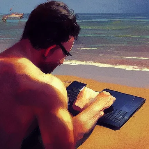 Image similar to concept art of man working on laptop at sunny beach, perfect face, fine details, by greg rutkowski