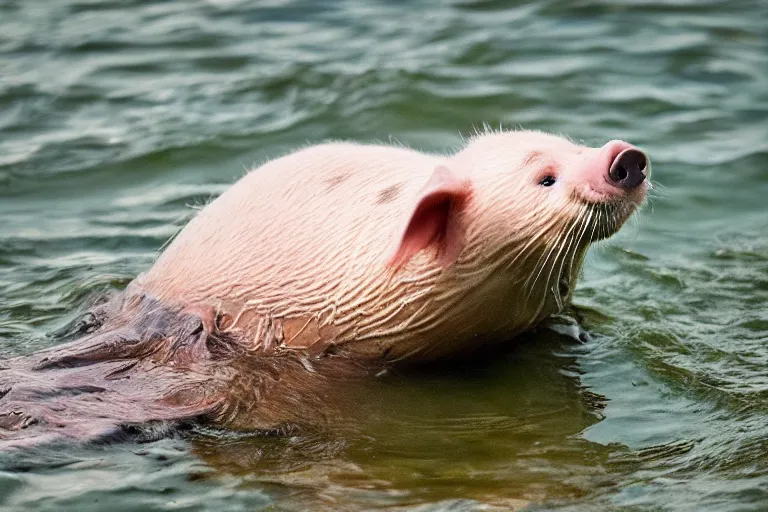 Image similar to a pig sea otter!!! hybrid! hyper realistic!! realistic lighting!! wildlife photographer of the year!!! bold natural colors, national geographic, hd, wide angle, 8 k