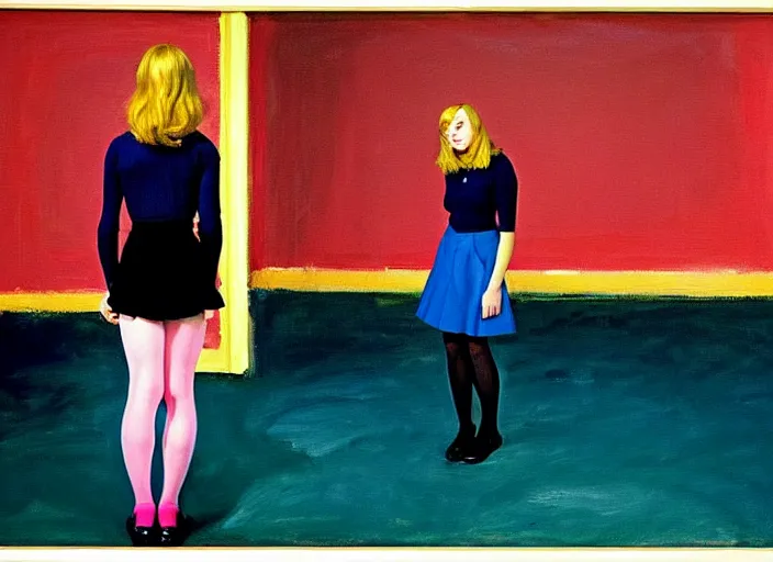 Image similar to oil painting of an annasophia robb in a learning uniform wearing stockings, teaching a lesson in a void room full of existential horror painted by Bryan Lee O'Malley and Edward Hopper, John Singer Sargant, inspired by paintings of Francis Bacon and melting color palette of Mark Rothko, Cy Twombly gestural strokes