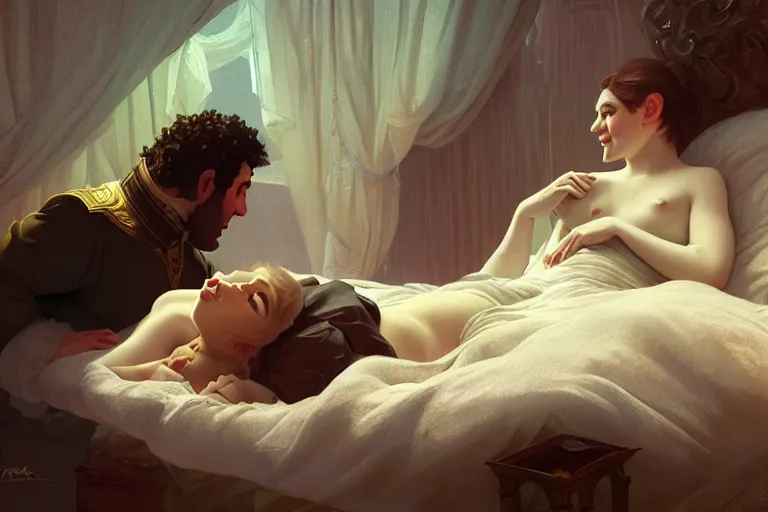 Image similar to russian poet alexander pushkin and shrek lying in bed together, portrait, highly detailed, digital painting, artstation, concept art, smooth, sharp focus, illustration, cinematic lighting, art by artgerm and greg rutkowski and alphonse mucha