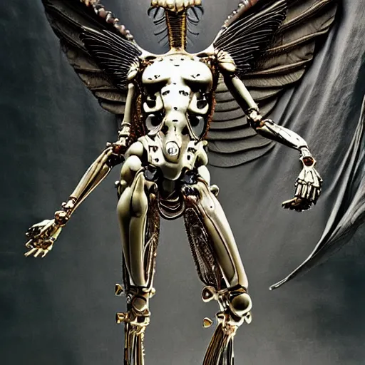 Image similar to still frame from Prometheus movie by Makoto Aida, biomechanical mantis angel archangel gynoid by giger, metal couture by neri oxmn and Guo pei, editorial by Malczewski and by Caravaggio