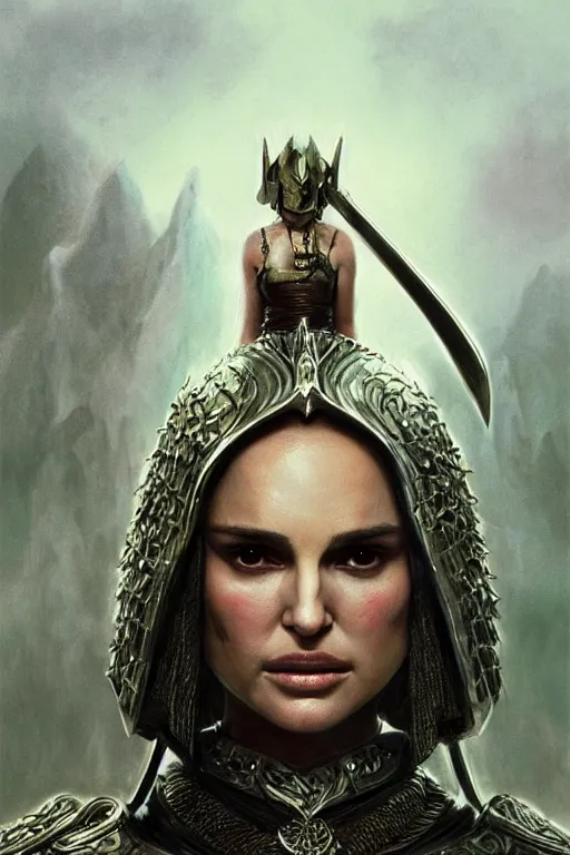 Image similar to natalie portman, legendary warrior, heroic, lord of the rings, tattoos, decorative ornaments, battle armor, by carl spitzweg, ismail inceoglu, vdragan bibin, hans thoma, greg rutkowski, alexandros pyromallis, perfect face, fine details, realistic shading photorealism