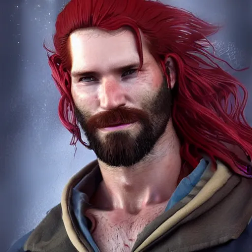 Image similar to portrait of a ruggedly handsome!!!!! male ship captain with long red hair!!!!!!, 30 years old, upper body, wavey hair, muscular, friendly, playful, D&D, hairworks, Unreal 4, fantasy, elegant, highly detailed, digital painting, hairworks, deviantart, artstation, concept art, sharp focus, dramatic lighting, illustration, art by Artgerm and Greg Rutkowski and Alphonse Mucha