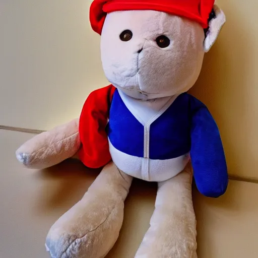 Image similar to donald trump as a plushy toy with prisoner clothes on