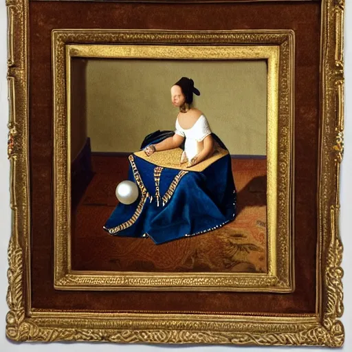 Prompt: medium shot studio photo of ancient natural pearl necklace on velvet, highly detailed, sharp focus, studio lighting, oil painting by Vermeer,