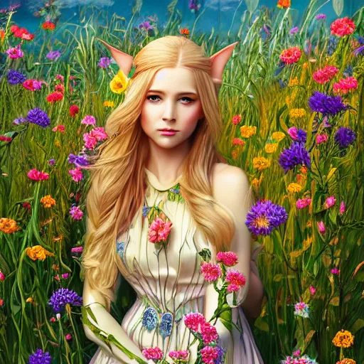 Image similar to A beautiful elf goddess with long blonde hair in a detailed floral dress, in front of a vivid field of flowers, by Larry Elmore, Tom Bagshaw, Viktoria Gavrilenko, Ilya Kuvshinov, Shin JeongHo, kiernan shipka