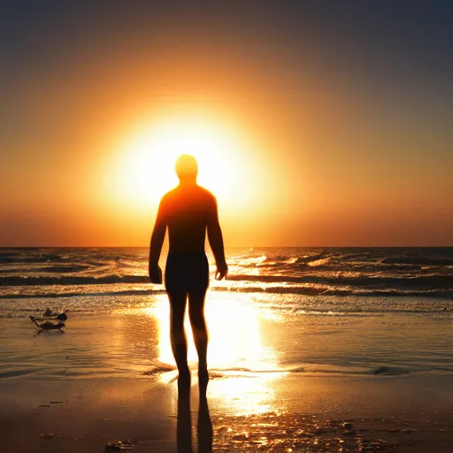 Prompt: Silhoutte of a person on the beach, sunrise, ray tracing