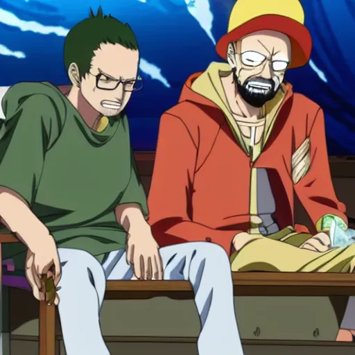 Image similar to walter white smoking a joint with jesse pinkman, in One Piece Anime Series, 4k Resolution.