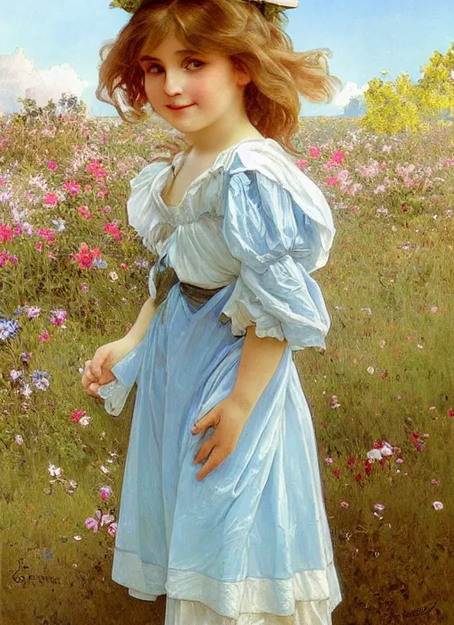Prompt: a cute little girl with long golden hair wearing a sky blue shirred summer dress smiles in the square of a french village, beautiful painting by artgerm and greg rutkowski and alphonse mucha