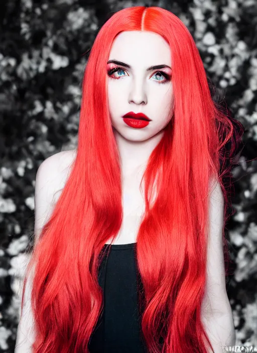 Image similar to ava max bright red hair photographed by charlotte rutherford, canon, highly realistic. high resolution. highly detailed. dramatic. 8 k. 4 k.