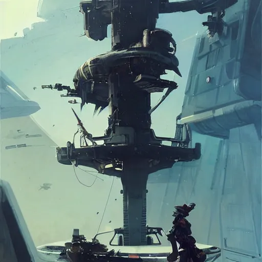 Prompt: a pirate holding a machine gun standing on top of a space ship, art by greg rutkowski