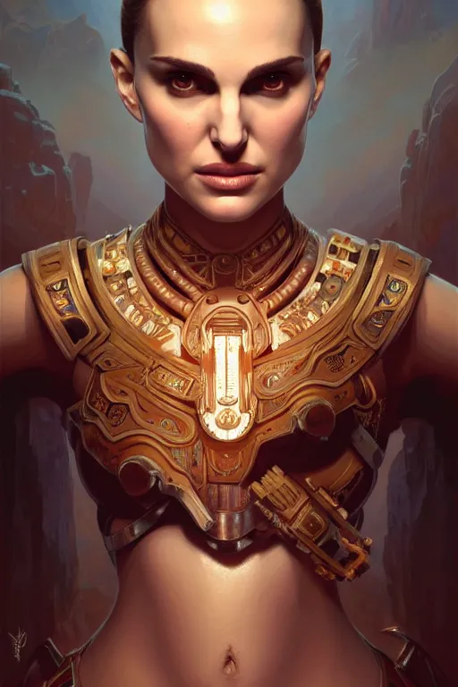 Image similar to symmetry!! portrait of natalie portman in the style of god of war, machine parts embedded into face, intricate, elegant, highly detailed, digital painting, artstation, concept art, smooth, sharp focus, illustration, art by artgerm and greg rutkowski and alphonse mucha, 8 k