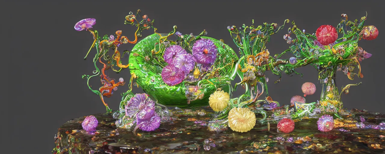 Prompt: ultradetailed photorealistic still life with jelly flowers by ernst haeckel, jan brueghel, james jean and björk, slime and tentacles, wide angle, minimalistic cinematic composition, octane render, bokeh, unreal engine, 4k, 3d render