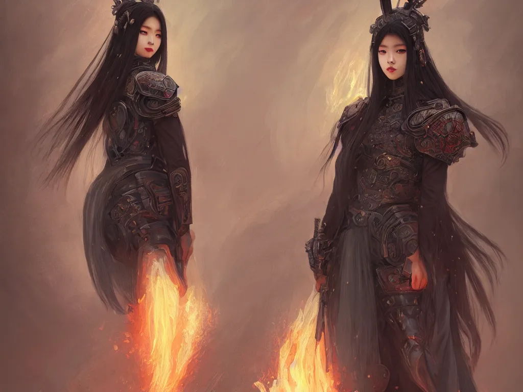 Prompt: portrait jisoo blackpink, grey hair armored samurai clothes, in fire japanese temple wet night, ssci - fi and fantasy, intricate and very very beautiful and elegant, digital painting, artstation, concept art, smooth, illustration, art by tian zi and wlop and alphonse mucha