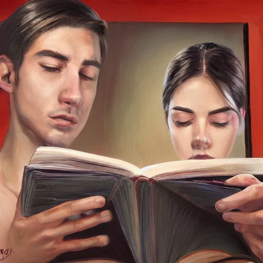 Prompt: a realistic painting of three male and one female characters emerging from inside a book, trending on artstation, detailed digital art