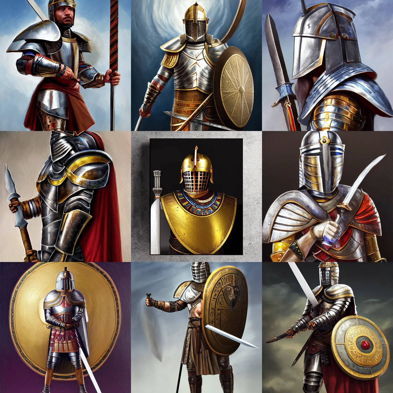 Prompt: an roman/egyptian knight wielding a magical sword and shield detailed realistic HD 8k High Resolution face character portrait, oil on canvas