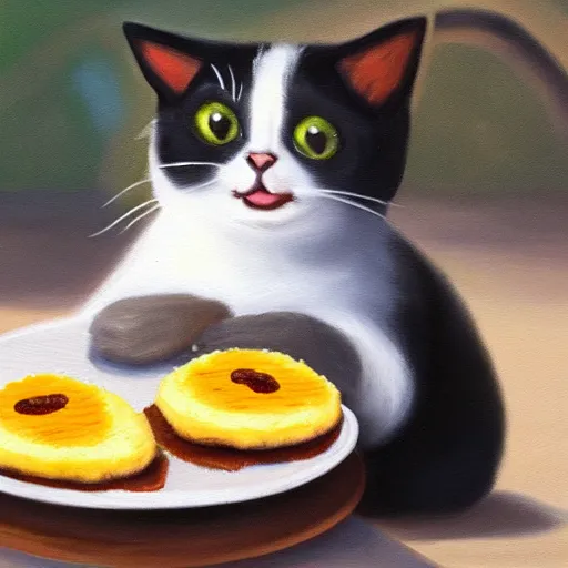 Image similar to A cute cat eating a Venezuelan arepa in the sun, detailed oil painting 4k