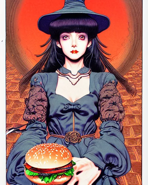 Image similar to hyper detailed illustration of a witch with a hamburger, intricate linework, lighting poster by moebius, ayami kojima, 9 0's anime, retro fantasy