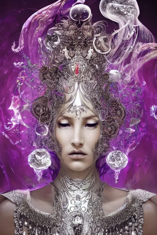 Image similar to a centered render of an mystical wild goddess with wearing ornate silver and gemstones and crystal clothing surrounded by flowing liquid gallium jellyfish and sacred geometry, perfect body and face, gorgeous, cinematic, beautifully lit, by alberto seveso, by zack snyder, by cory loftis, 3 d, trending on artstation, octane render, 8 k