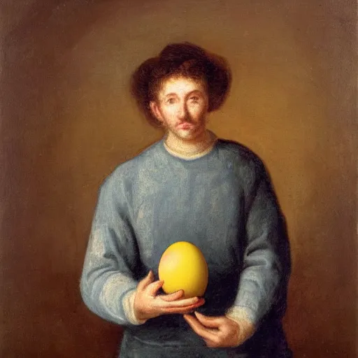 Prompt: a portrait of a man holding an egg