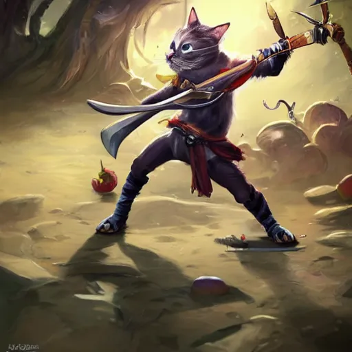 Prompt: cute and fluffy ninja hack'n slash cat fighting with a cool sword, full body, artstation, highly detailed, colorfull, digital painting, deep focus, sharp, smooth, rossdraws, by jason felix by steve argyle by tyler jacobson by peter mohrbacher, cinematic lighting, smooth, sharp focus, hd wallpaper, cinematic