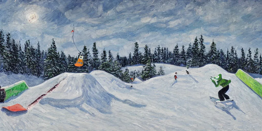 Prompt: pepe the frog snowboarding in terrain park, ramps, half - pipe, gloomy landscape, expressive oil painting by christopher radlund and camille pissaro