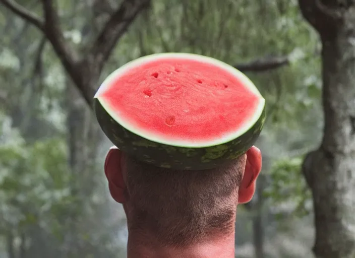 Image similar to film still of a man with a watermelon on his a head in the new horror movie, 4 k